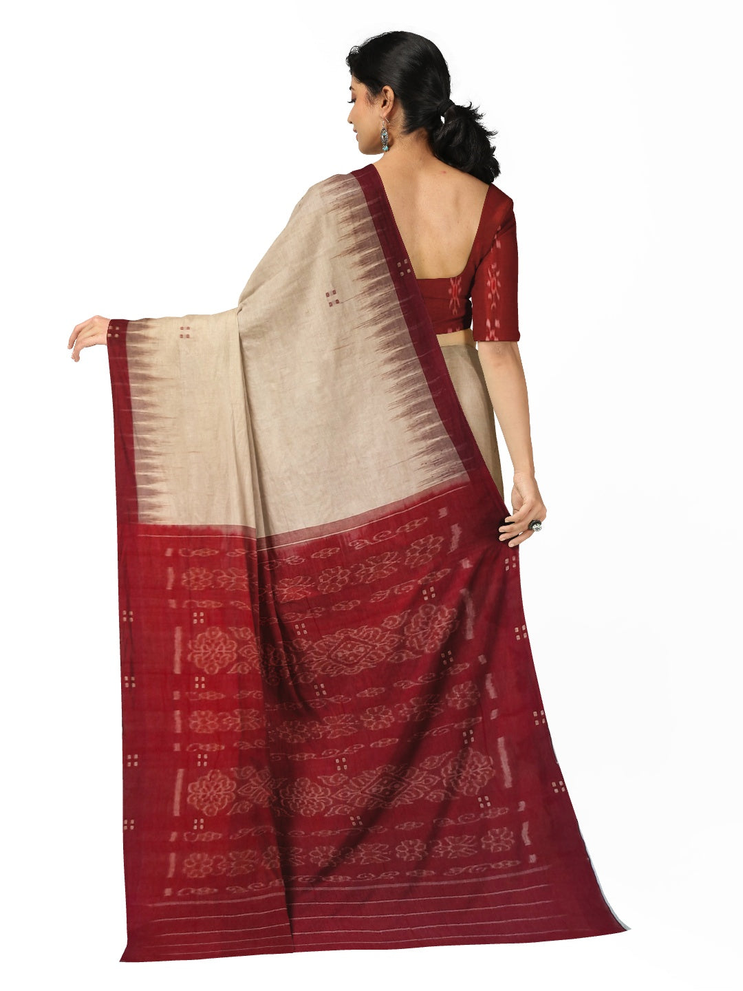 Beige with Maroon Cotton Odisha Ikat saree with mix match cotton ikat blouse