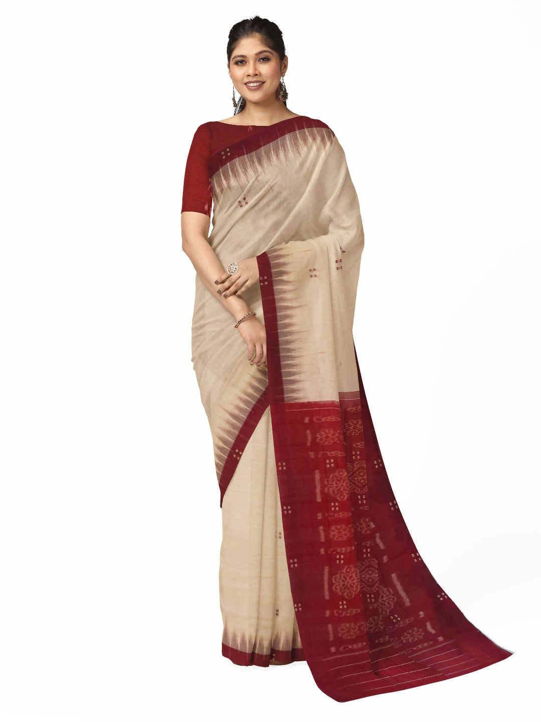 Beige with Maroon Cotton Odisha Ikat saree with mix match cotton ikat blouse
