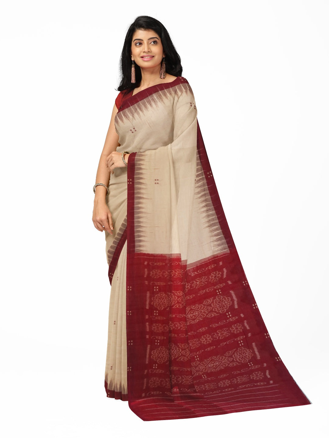 Beige with Maroon Cotton Odisha Ikat saree with mix match cotton ikat blouse