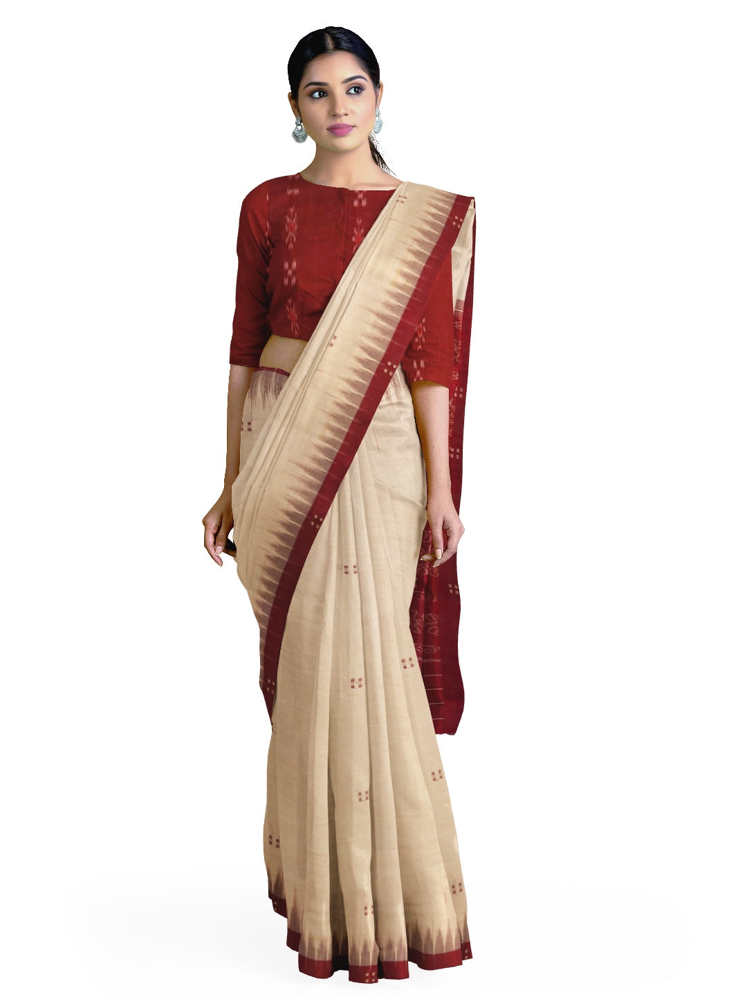 Beige with Maroon Cotton Odisha Ikat saree with mix match cotton ikat blouse