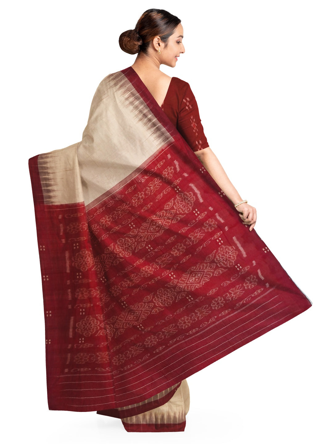 Beige with Maroon Cotton Odisha Ikat saree with mix match cotton ikat blouse