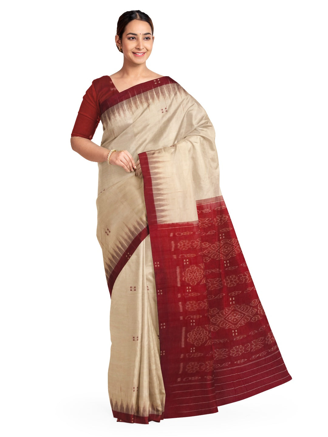 Beige with Maroon Cotton Odisha Ikat saree with mix match cotton ikat blouse