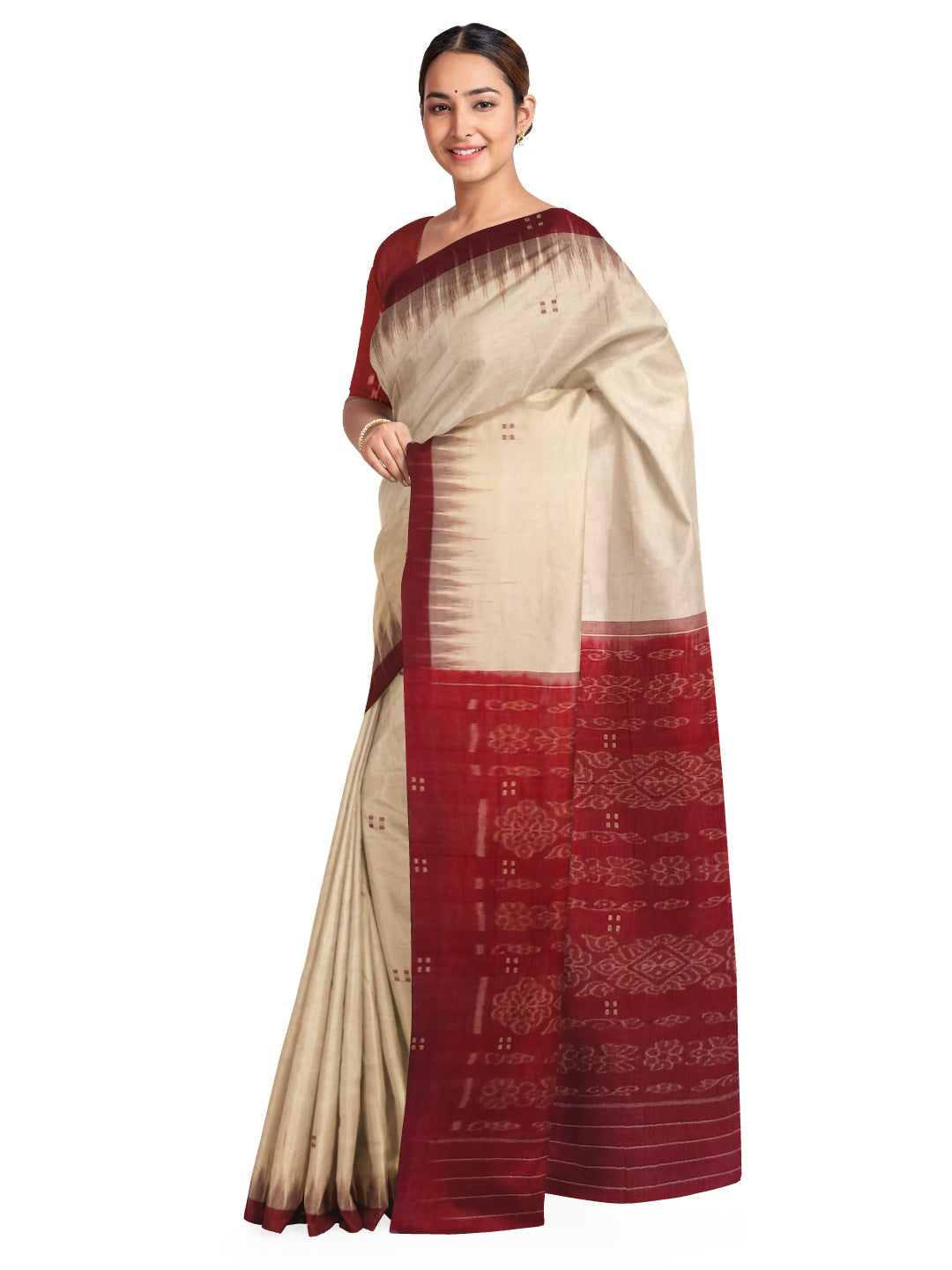 Beige with Maroon Cotton Odisha Ikat saree with mix match cotton ikat blouse