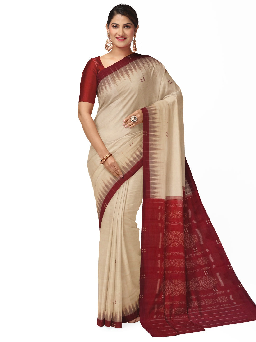 Beige with Maroon Cotton Odisha Ikat saree with mix match cotton ikat blouse