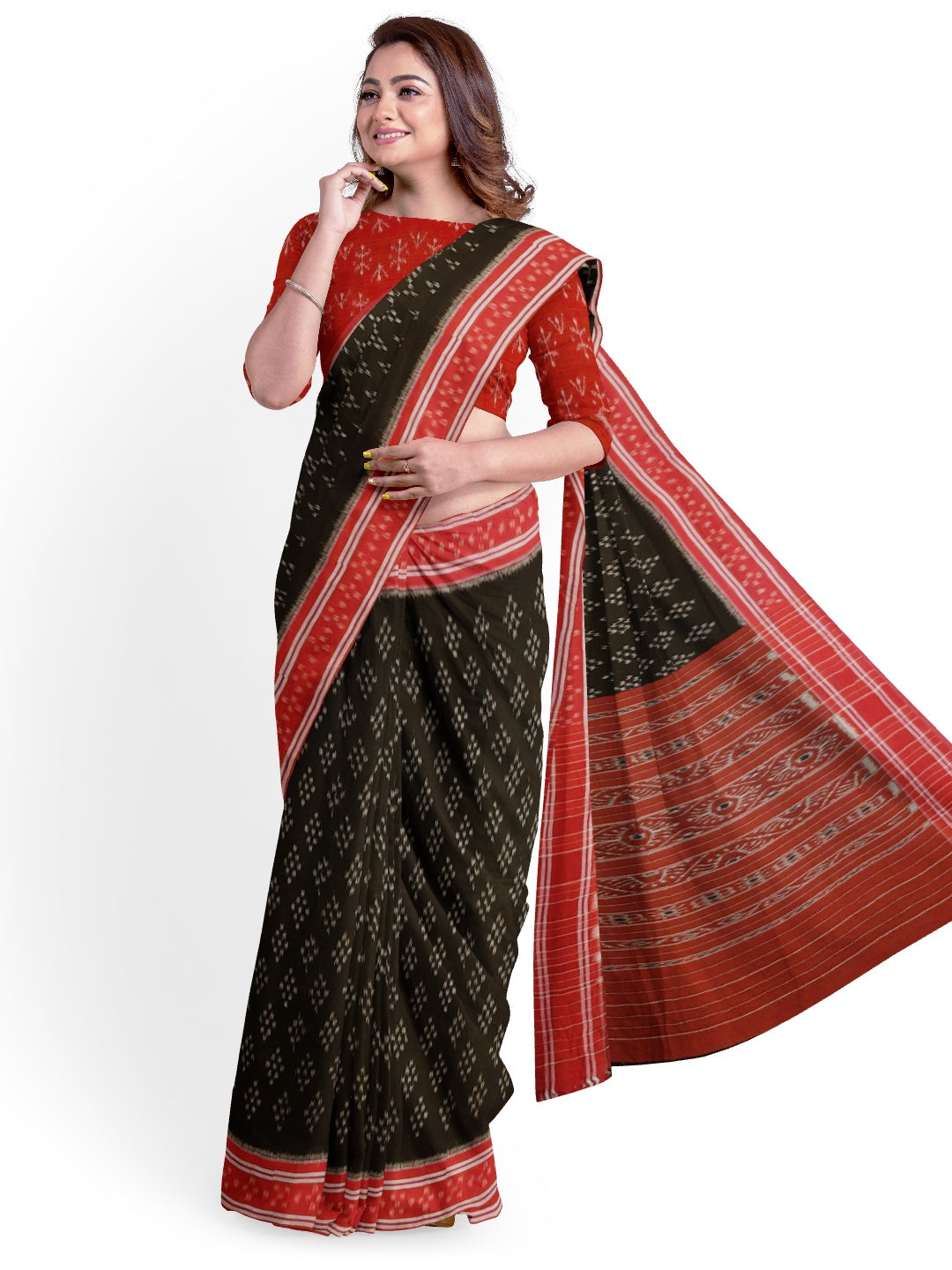 Black Cotton Odisha Ikat saree  with mix match cotton ikat blouse piece