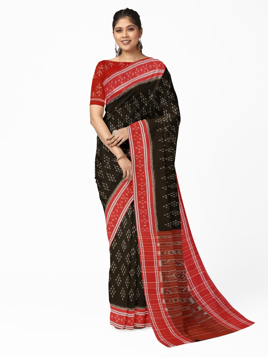 Black Cotton Odisha Ikat saree  with mix match cotton ikat blouse piece
