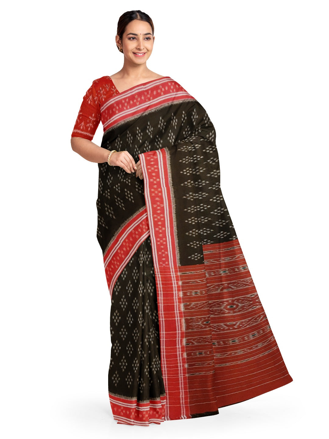 Black Cotton Odisha Ikat saree  with mix match cotton ikat blouse piece