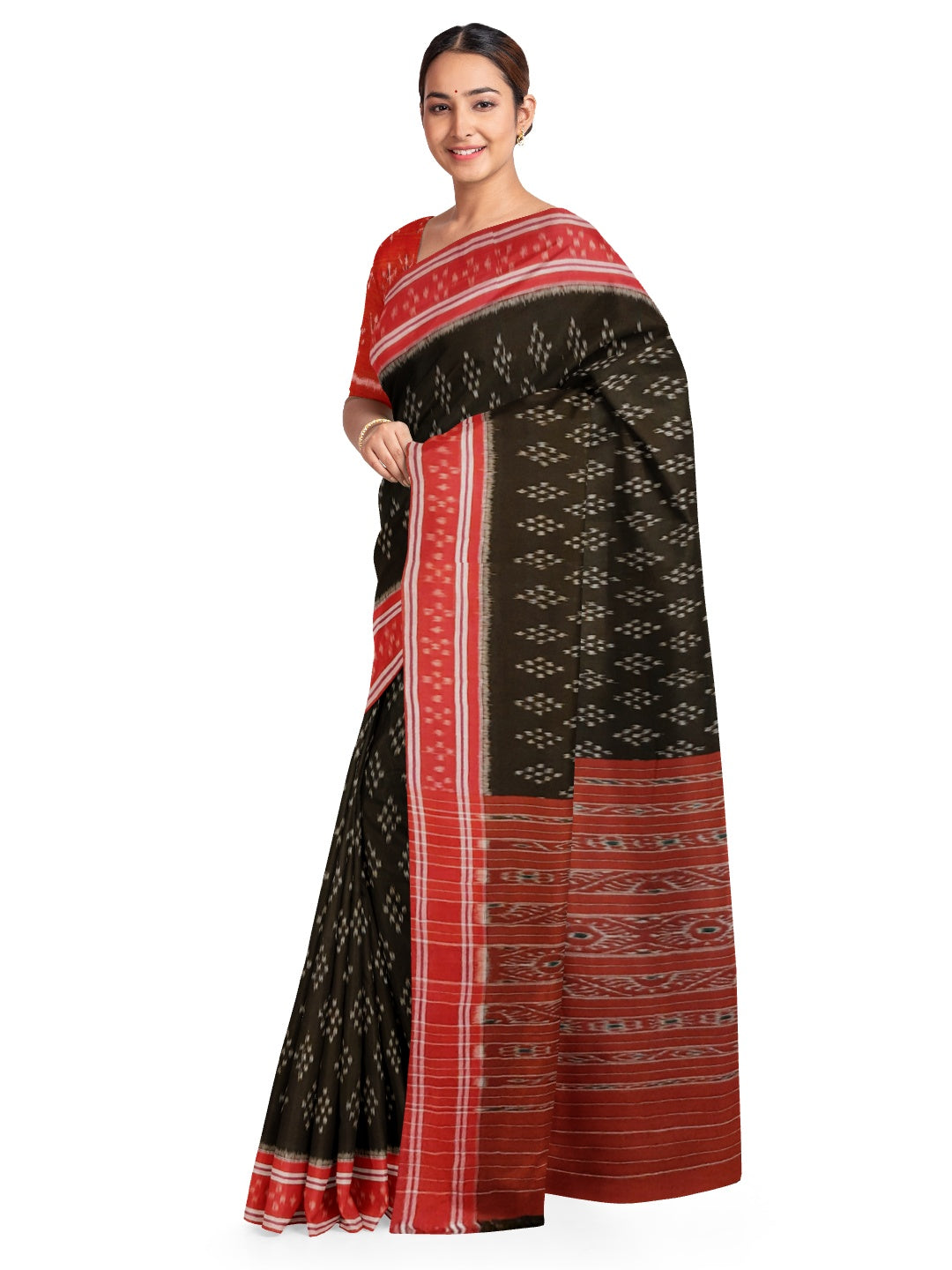 Black Cotton Odisha Ikat saree  with mix match cotton ikat blouse piece