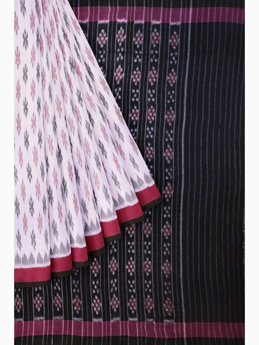 White with Pink and black Cotton Odisha Ikat saree with cotton ikat blouse piece