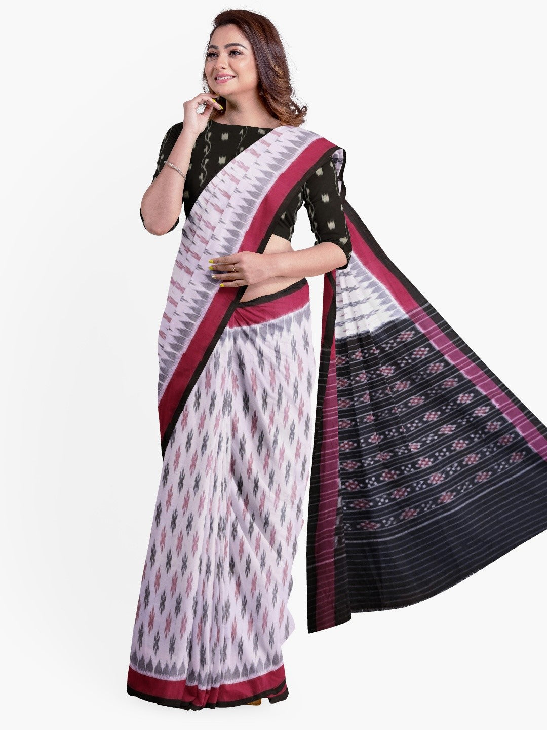 White with Pink and black Cotton Odisha Ikat saree with cotton ikat blouse piece