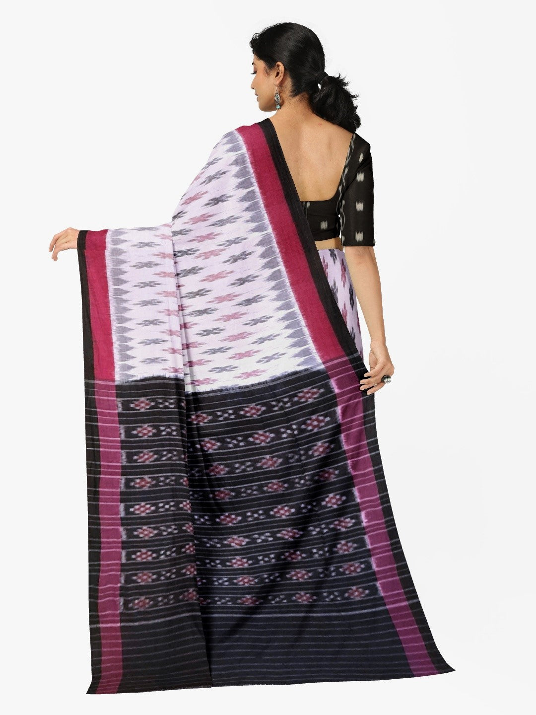 White with Pink and black Cotton Odisha Ikat saree with cotton ikat blouse piece