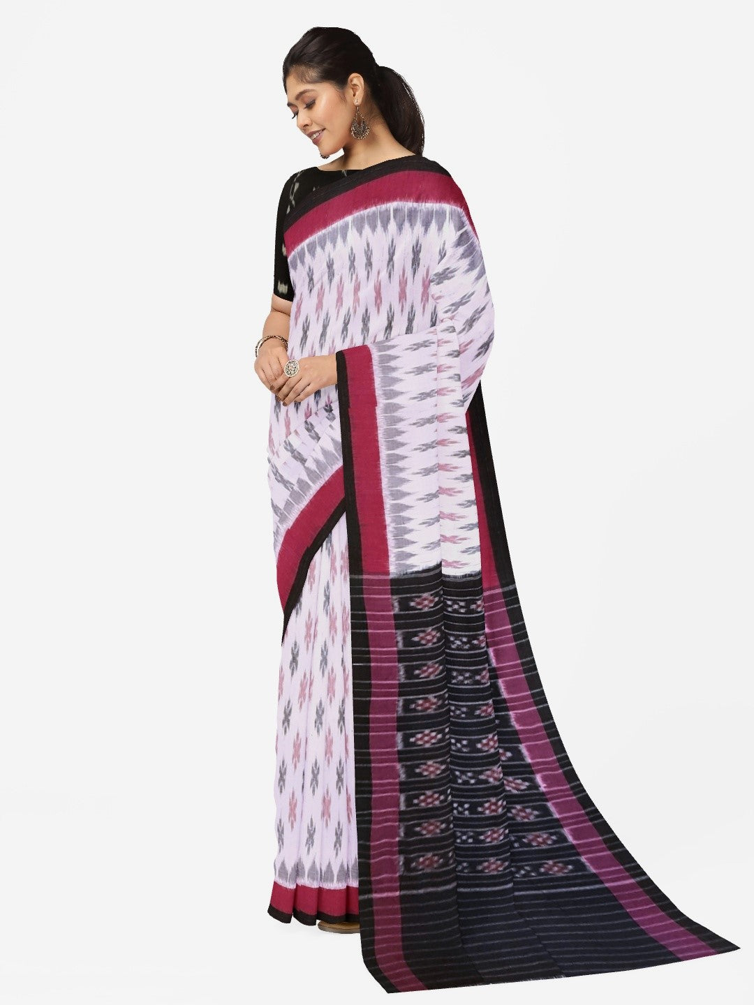 White with Pink and black Cotton Odisha Ikat saree with cotton ikat blouse piece