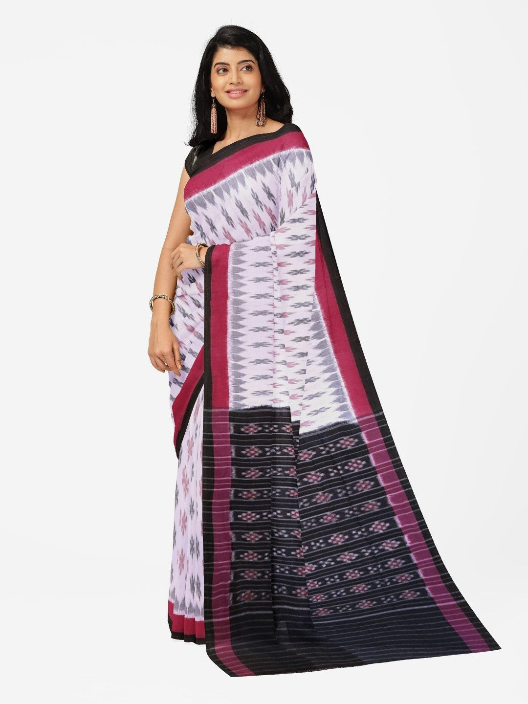 White with Pink and black Cotton Odisha Ikat saree with cotton ikat blouse piece