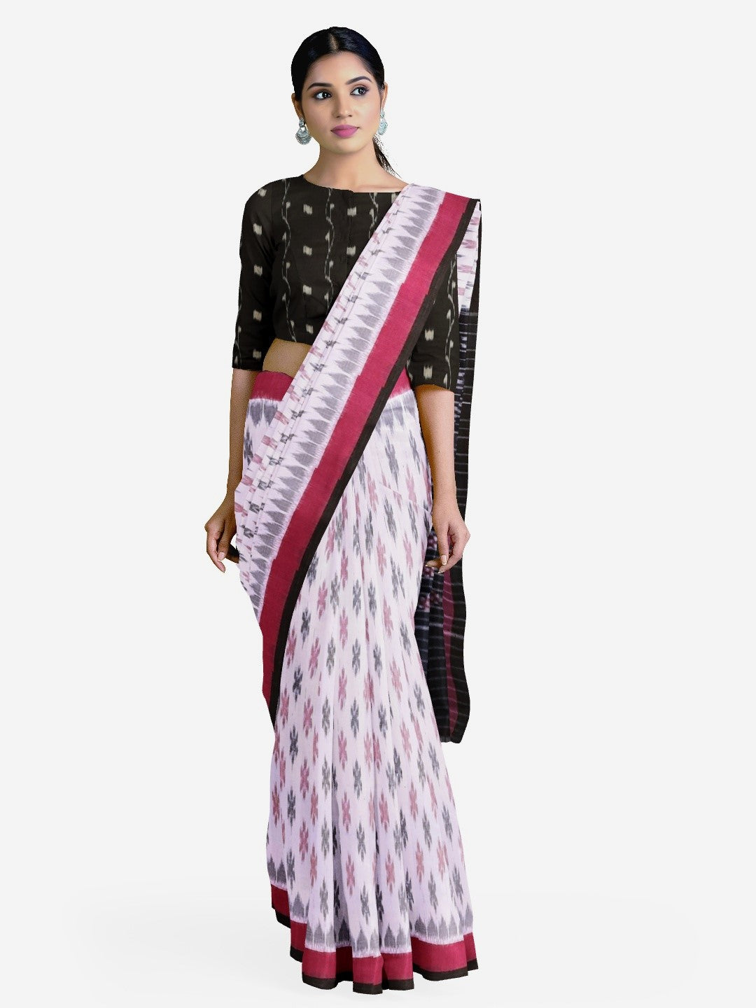White with Pink and black Cotton Odisha Ikat saree with cotton ikat blouse piece
