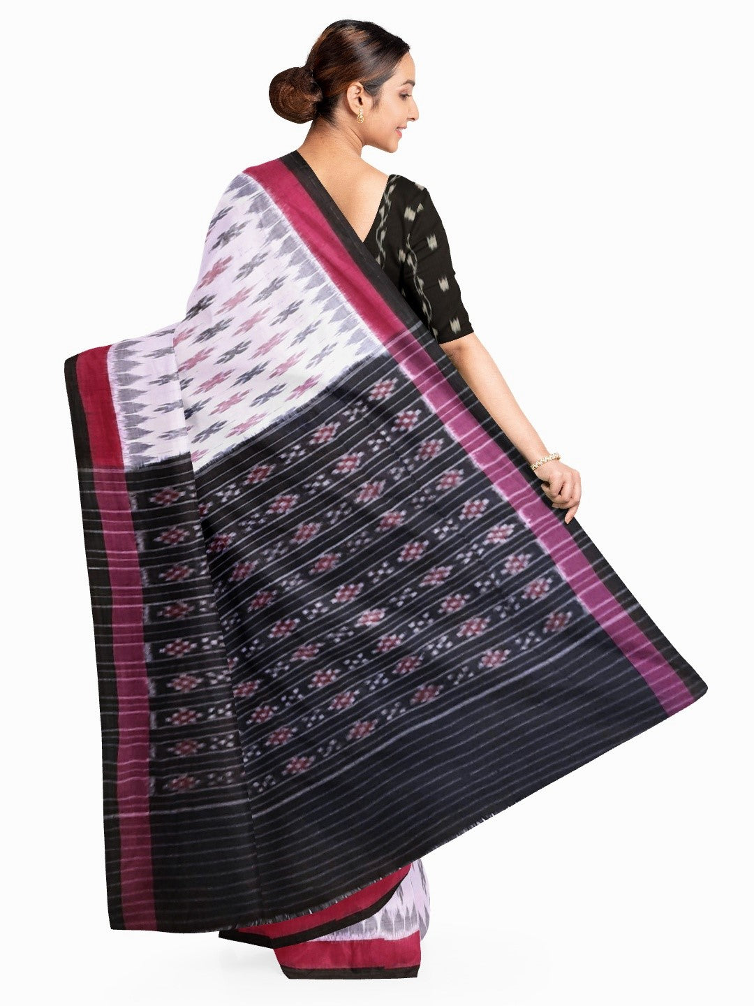 White with Pink and black Cotton Odisha Ikat saree with cotton ikat blouse piece
