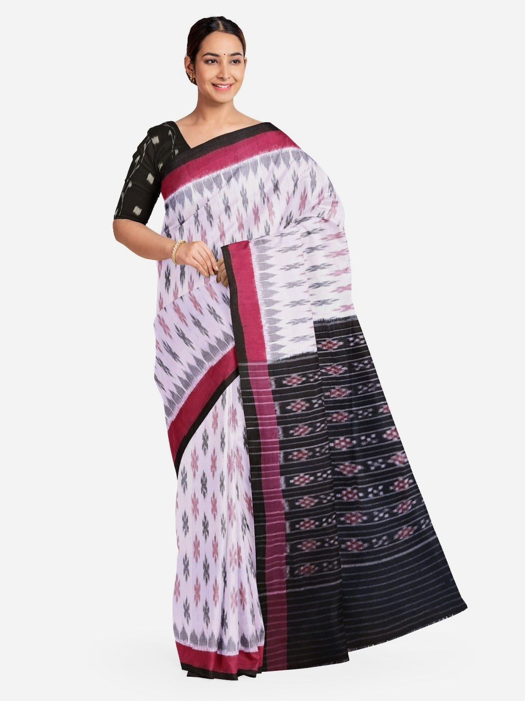 White with Pink and black Cotton Odisha Ikat saree with cotton ikat blouse piece