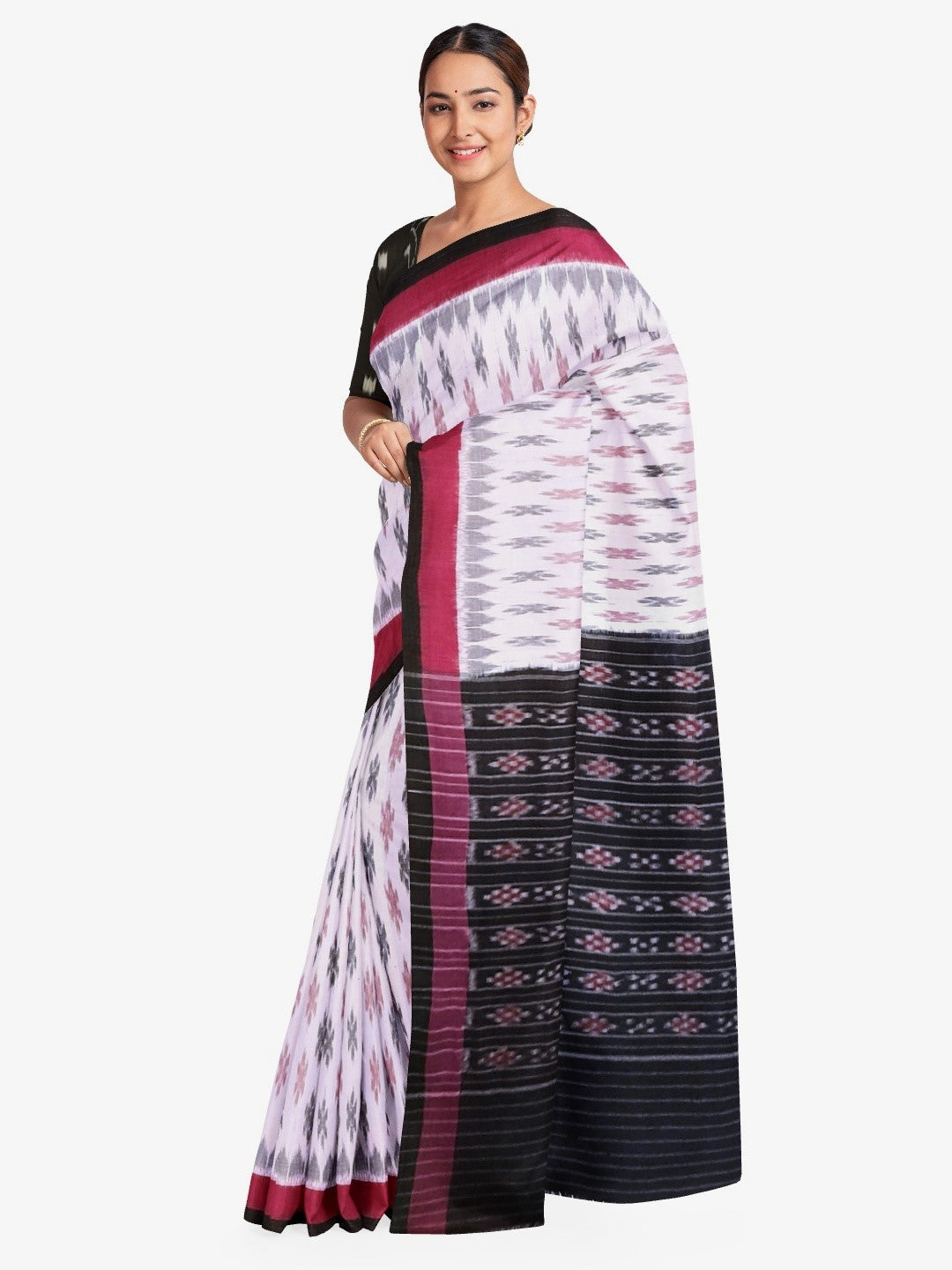 White with Pink and black Cotton Odisha Ikat saree with cotton ikat blouse piece