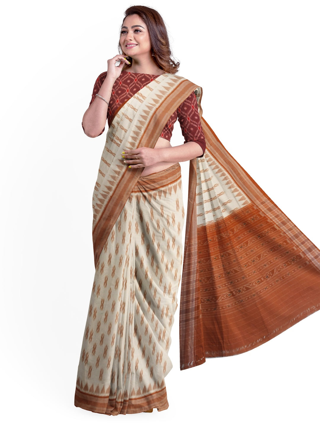 Off-white Cotton Odisha Ikat saree with cotton ikat blouse piece