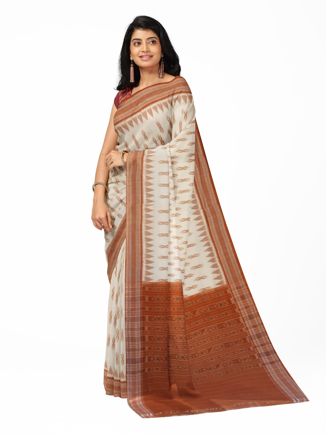Off-white Cotton Odisha Ikat saree with cotton ikat blouse piece