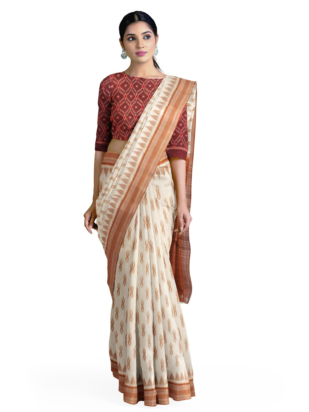 Off-white Cotton Odisha Ikat saree with cotton ikat blouse piece