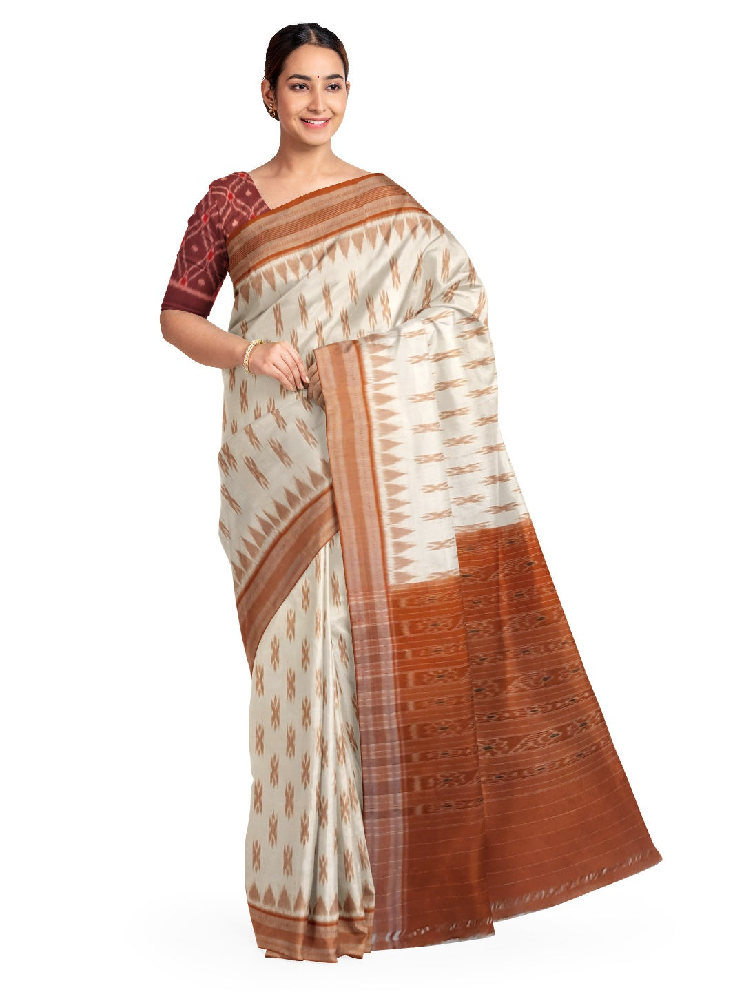 Off-white Cotton Odisha Ikat saree with cotton ikat blouse piece