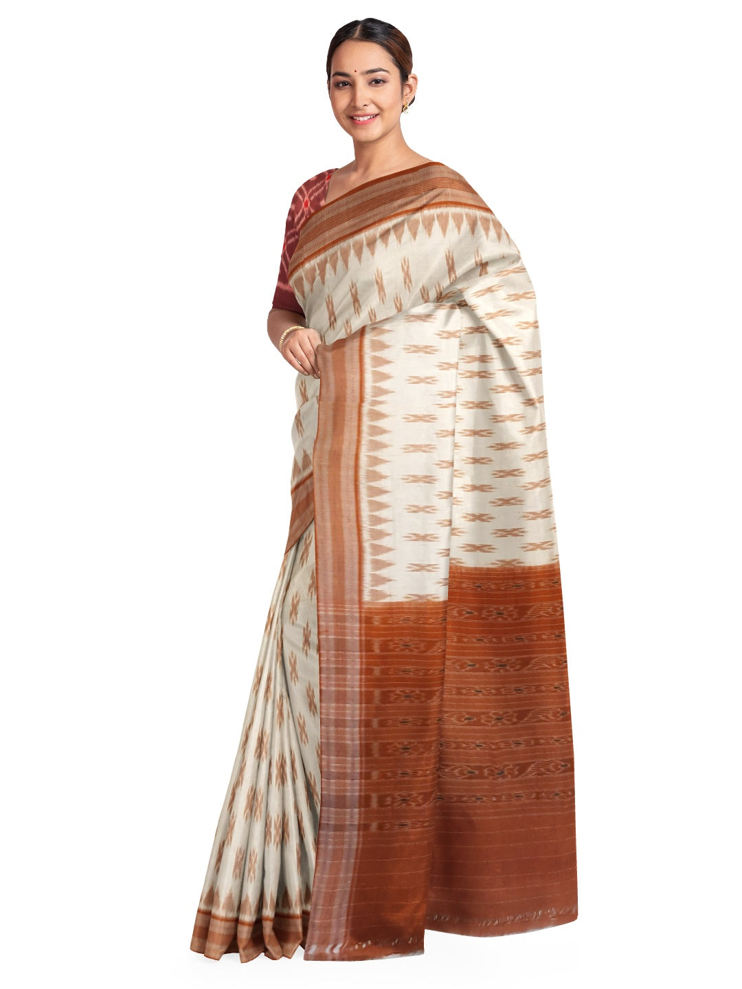 Off-white Cotton Odisha Ikat saree with cotton ikat blouse piece