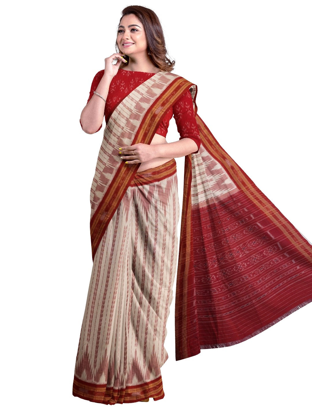 Off-white with Red Cotton Odisha Ikat saree with cotton ikat blouse piece