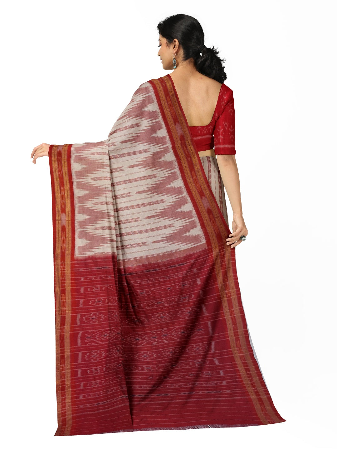 Off-white with Red Cotton Odisha Ikat saree with cotton ikat blouse piece