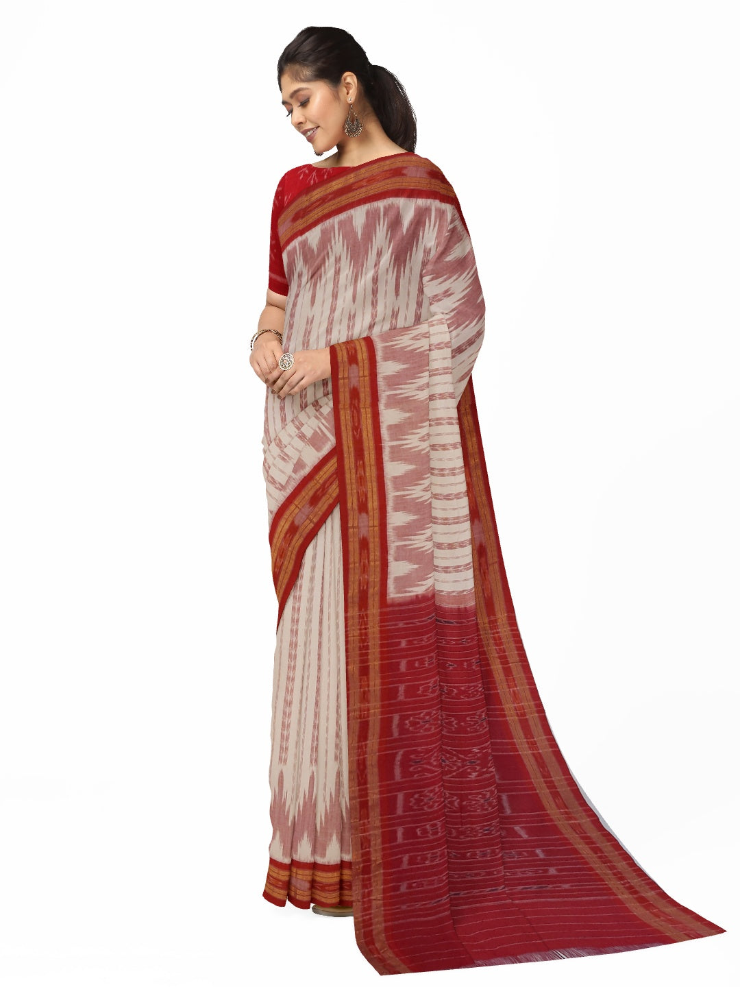Off-white with Red Cotton Odisha Ikat saree with cotton ikat blouse piece