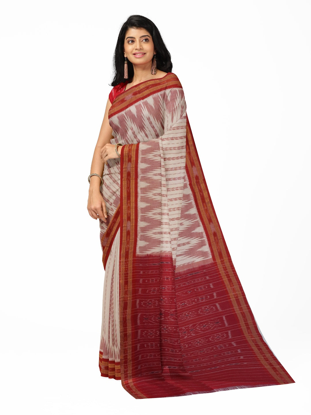 Off-white with Red Cotton Odisha Ikat saree with cotton ikat blouse piece