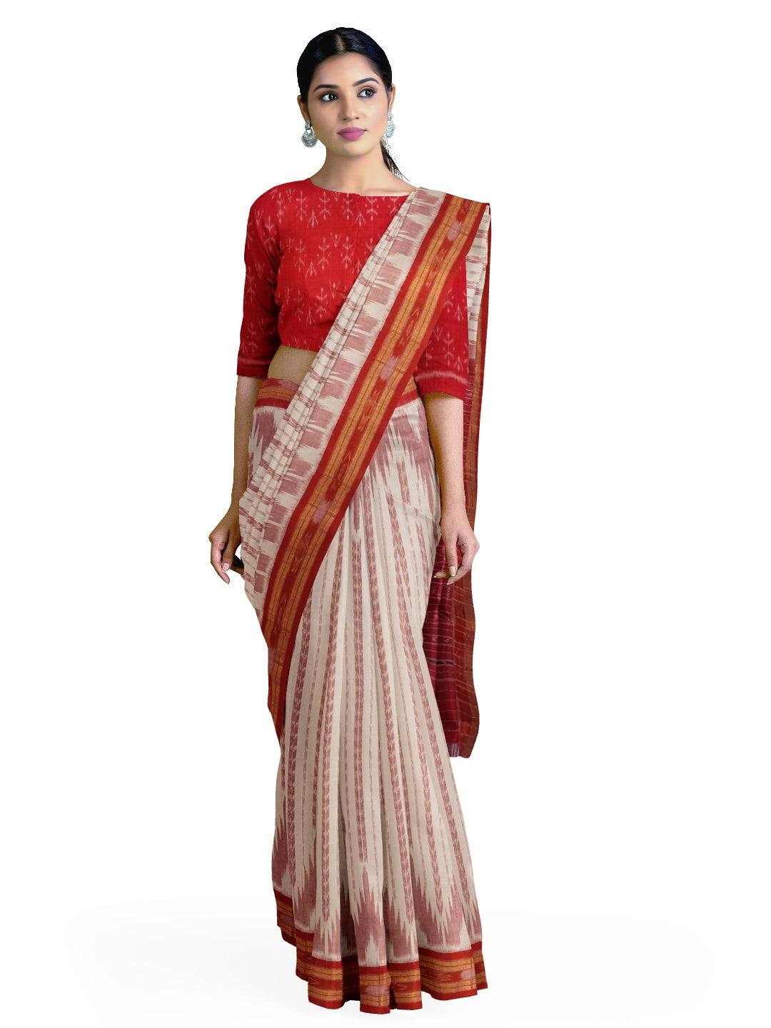 Off-white with Red Cotton Odisha Ikat saree with cotton ikat blouse piece