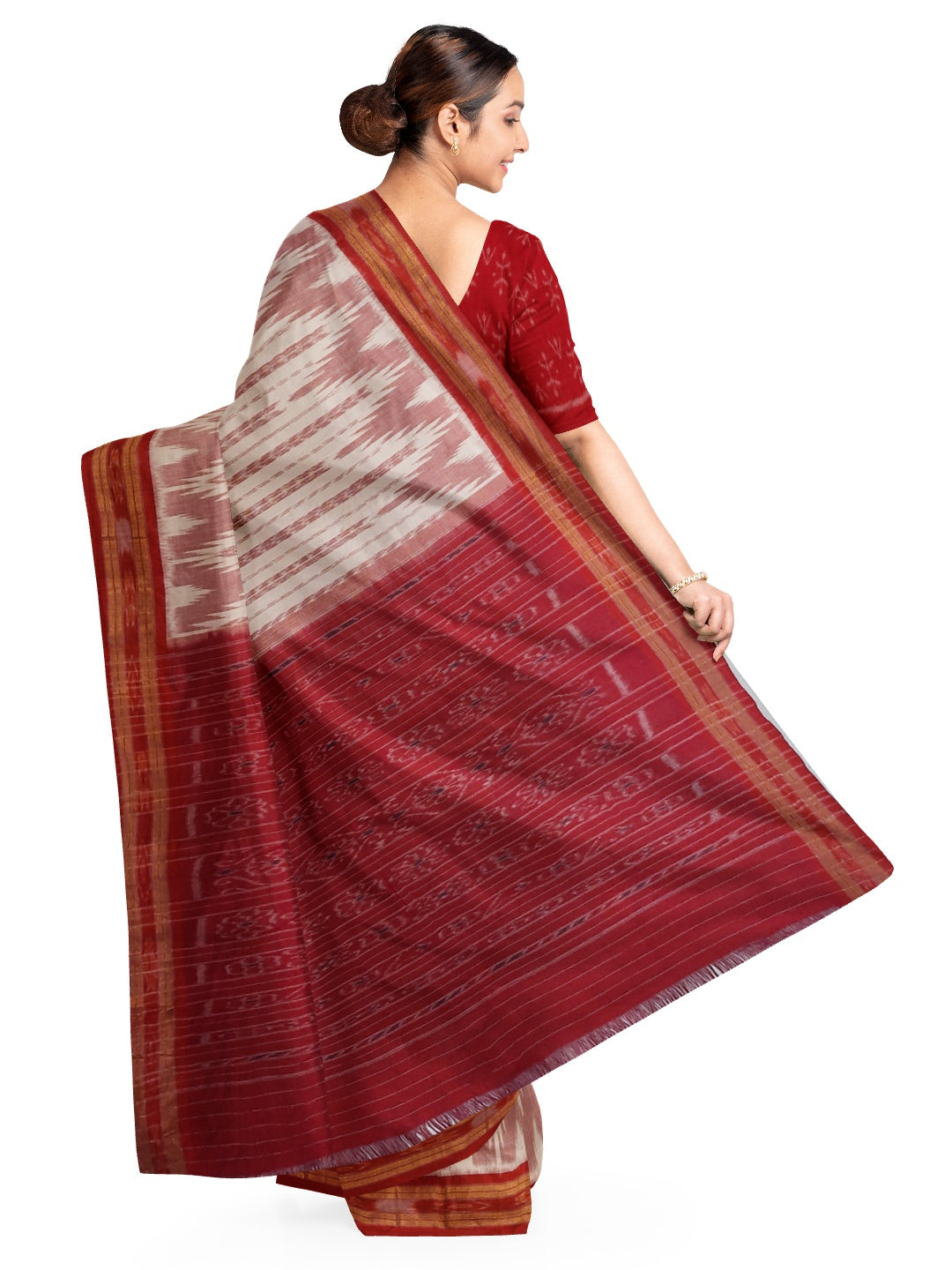 Off-white with Red Cotton Odisha Ikat saree with cotton ikat blouse piece