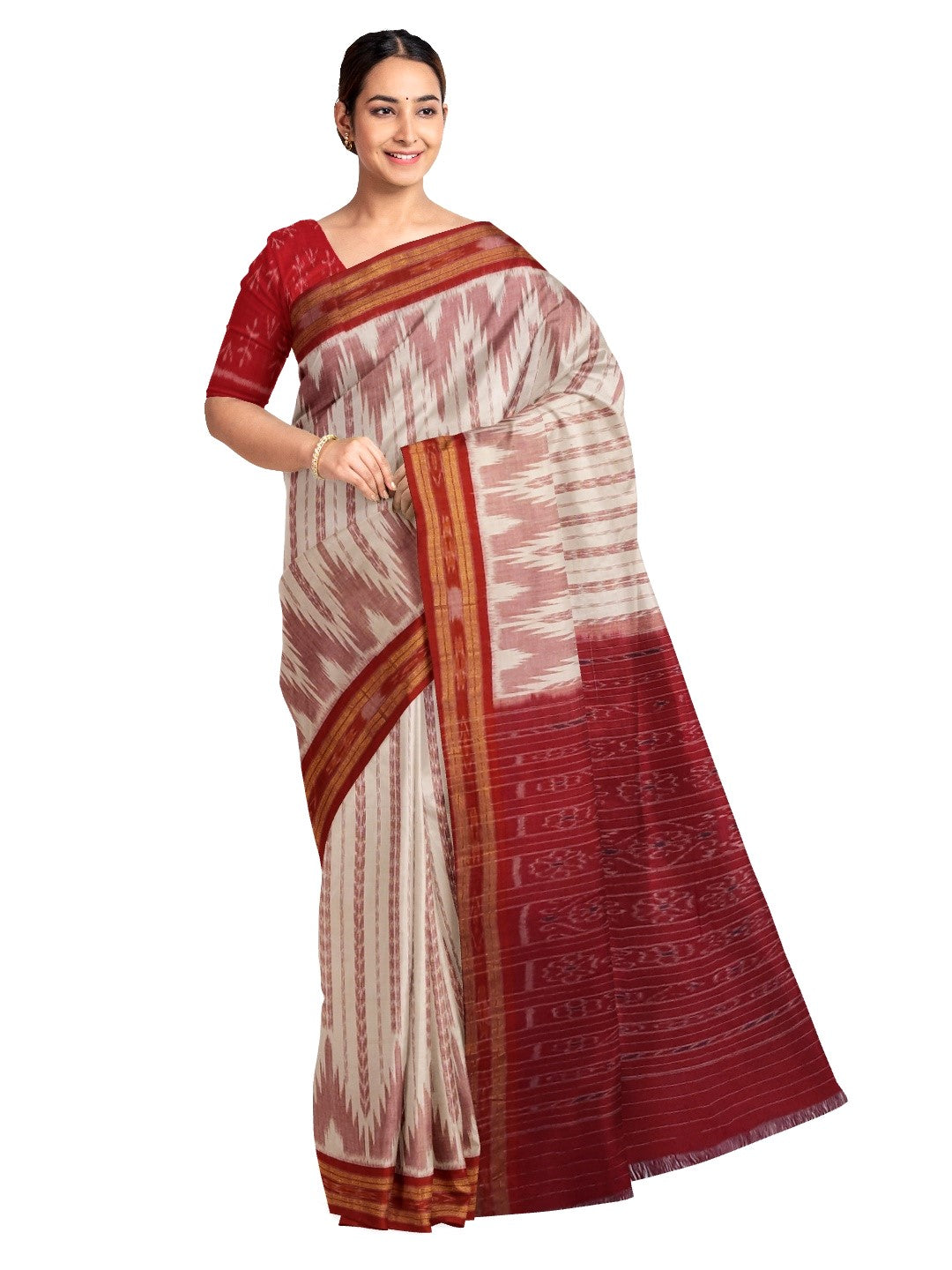 Off-white with Red Cotton Odisha Ikat saree with cotton ikat blouse piece