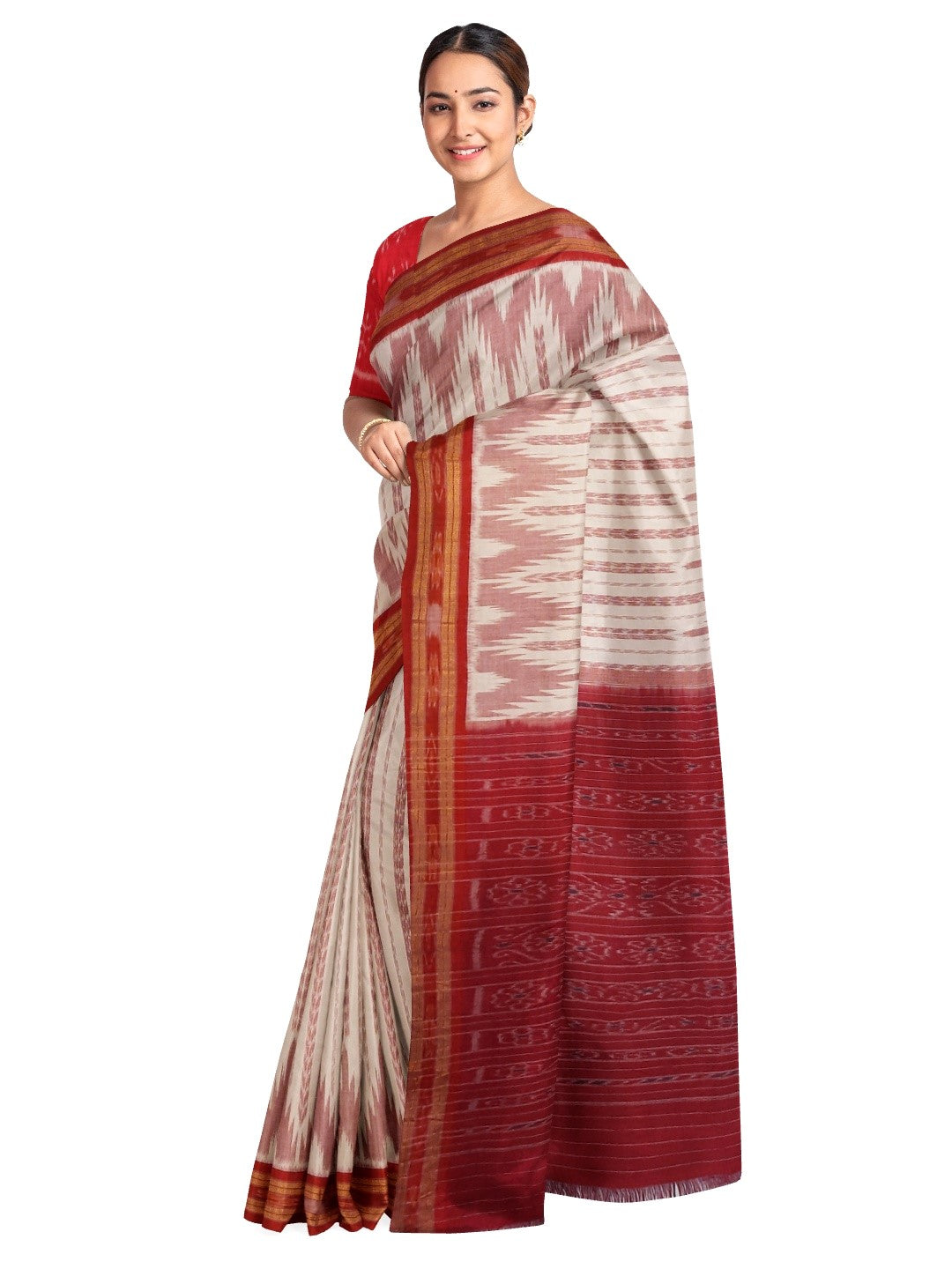 Off-white with Red Cotton Odisha Ikat saree with cotton ikat blouse piece