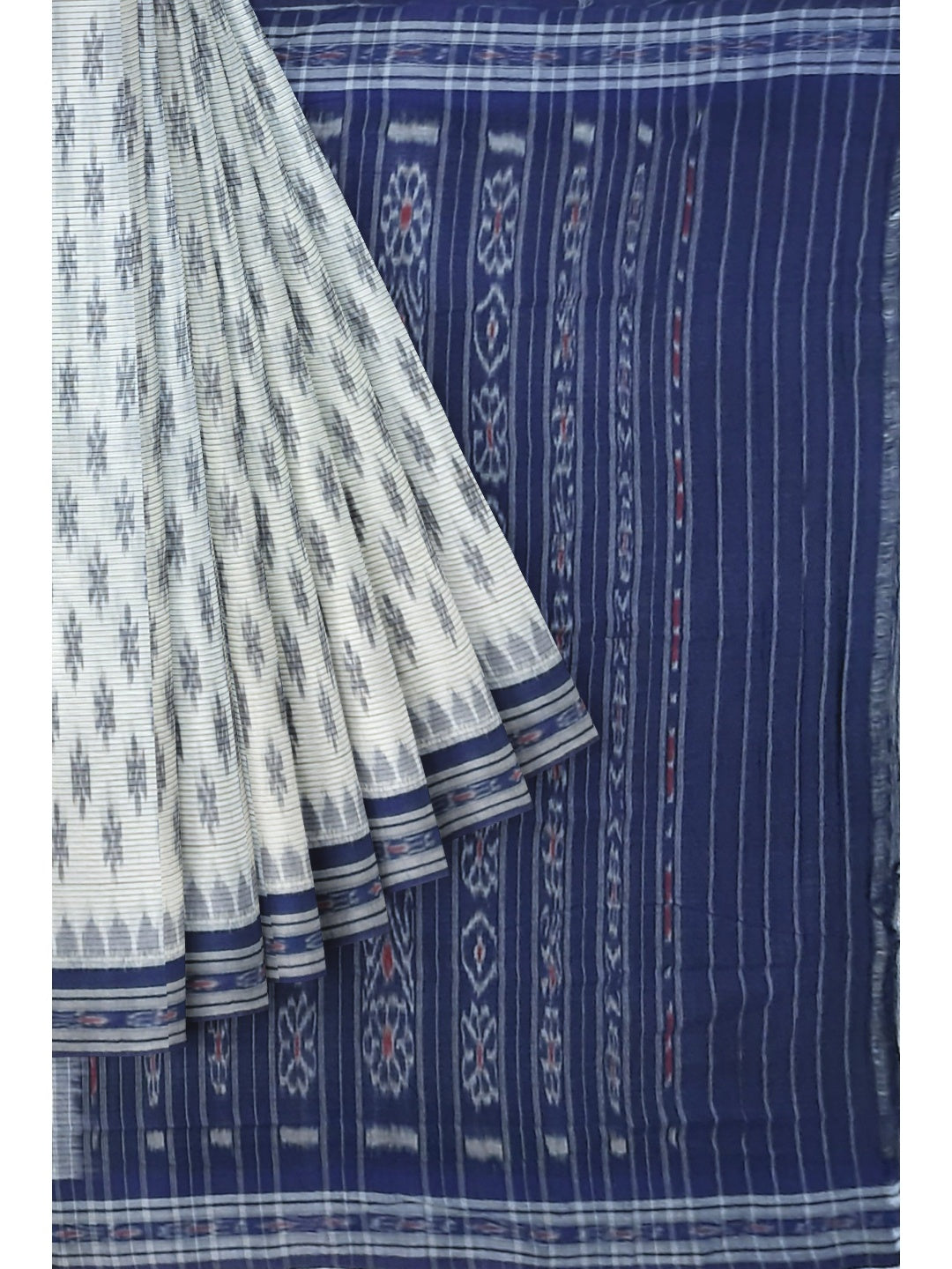 White with Blue Cotton Odisha Ikat saree with cotton ikat blouse piece