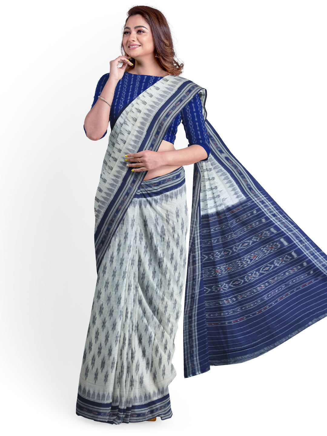 White with Blue Cotton Odisha Ikat saree with cotton ikat blouse piece