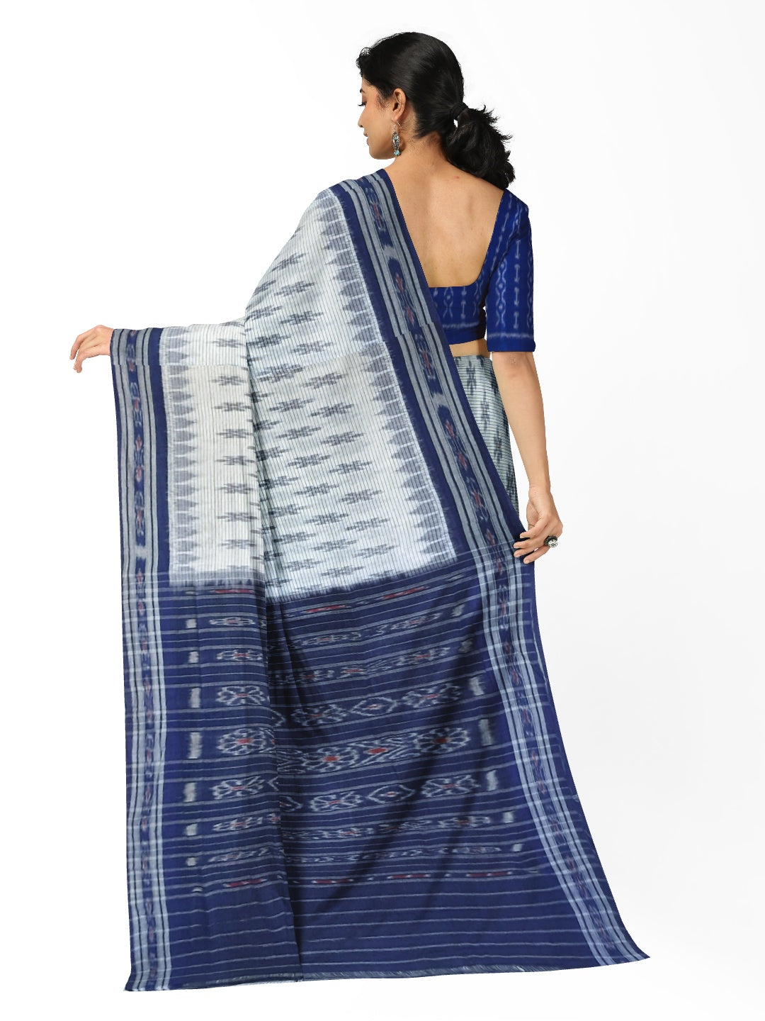 White with Blue Cotton Odisha Ikat saree with cotton ikat blouse piece