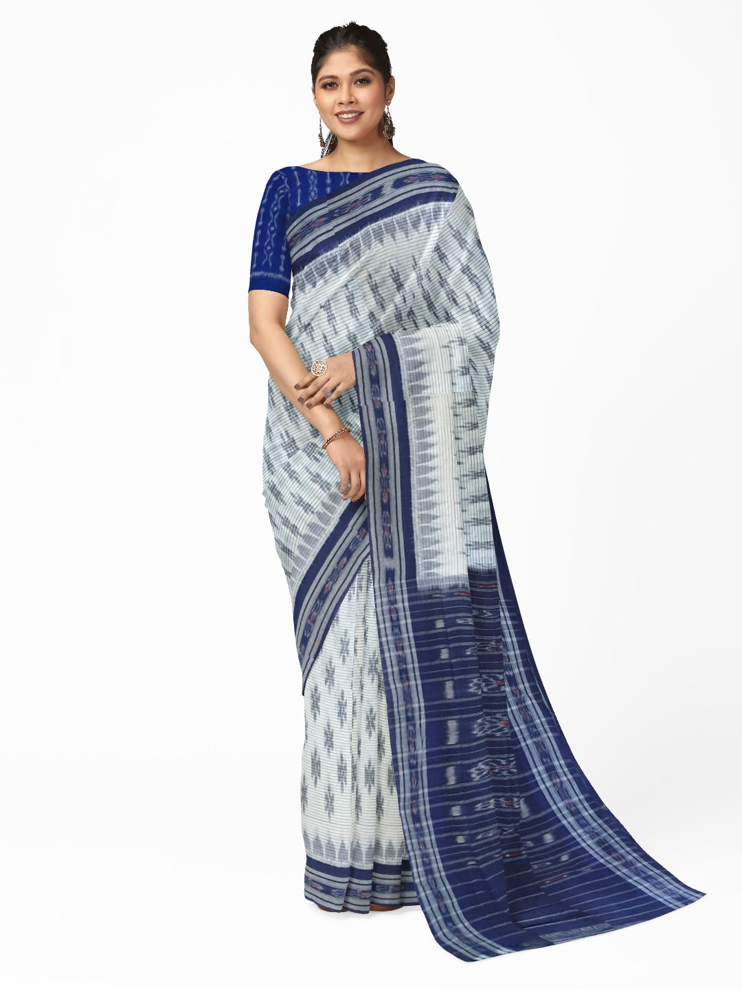 White with Blue Cotton Odisha Ikat saree with cotton ikat blouse piece