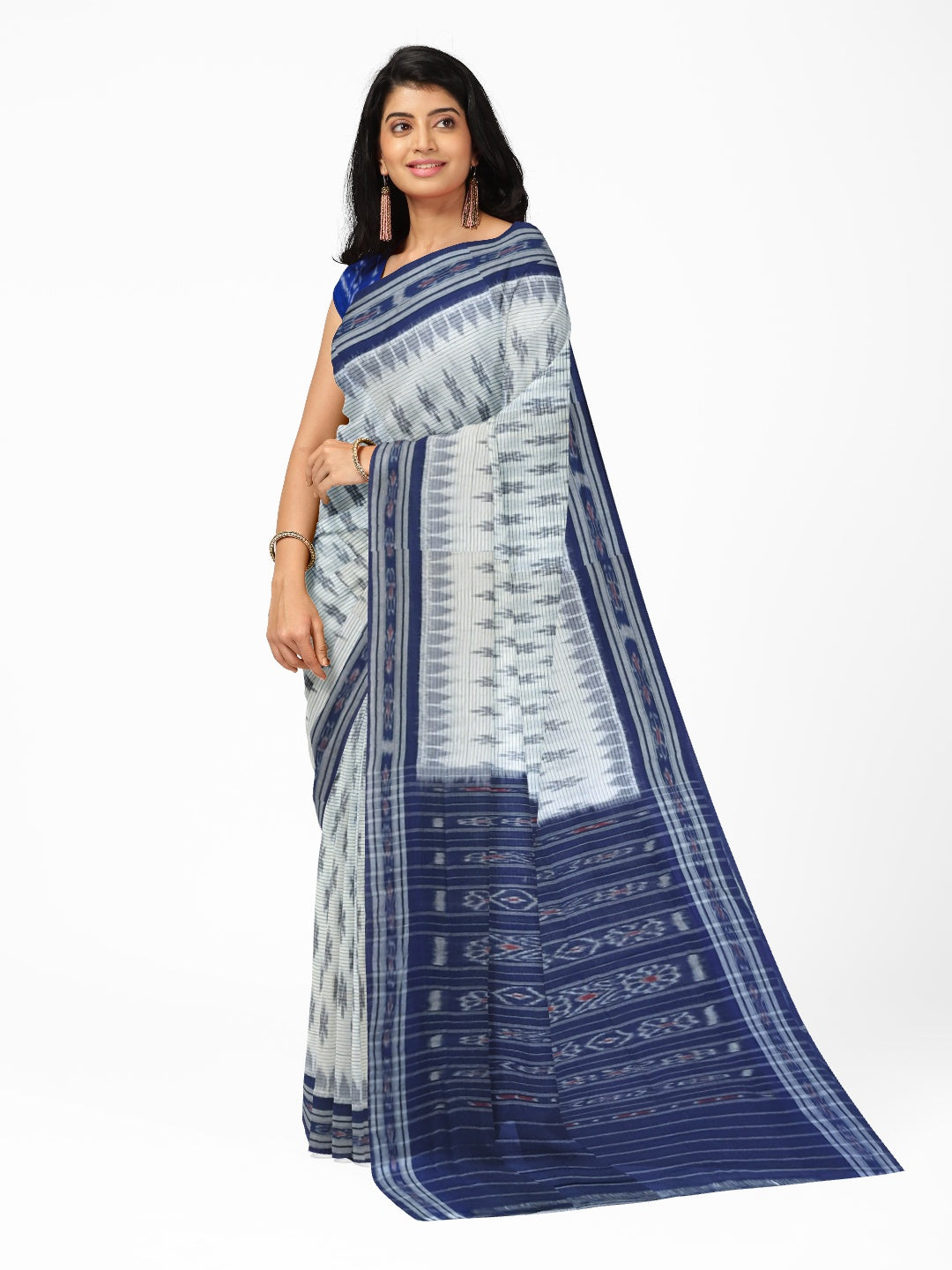 White with Blue Cotton Odisha Ikat saree with cotton ikat blouse piece