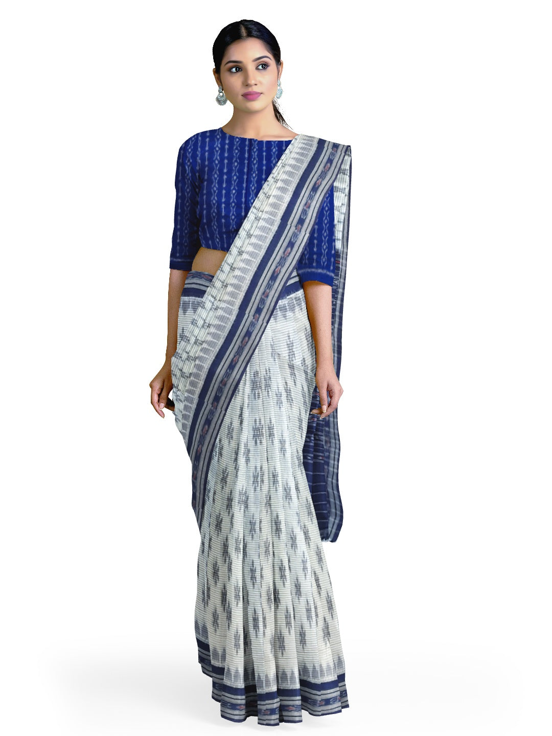 White with Blue Cotton Odisha Ikat saree with cotton ikat blouse piece