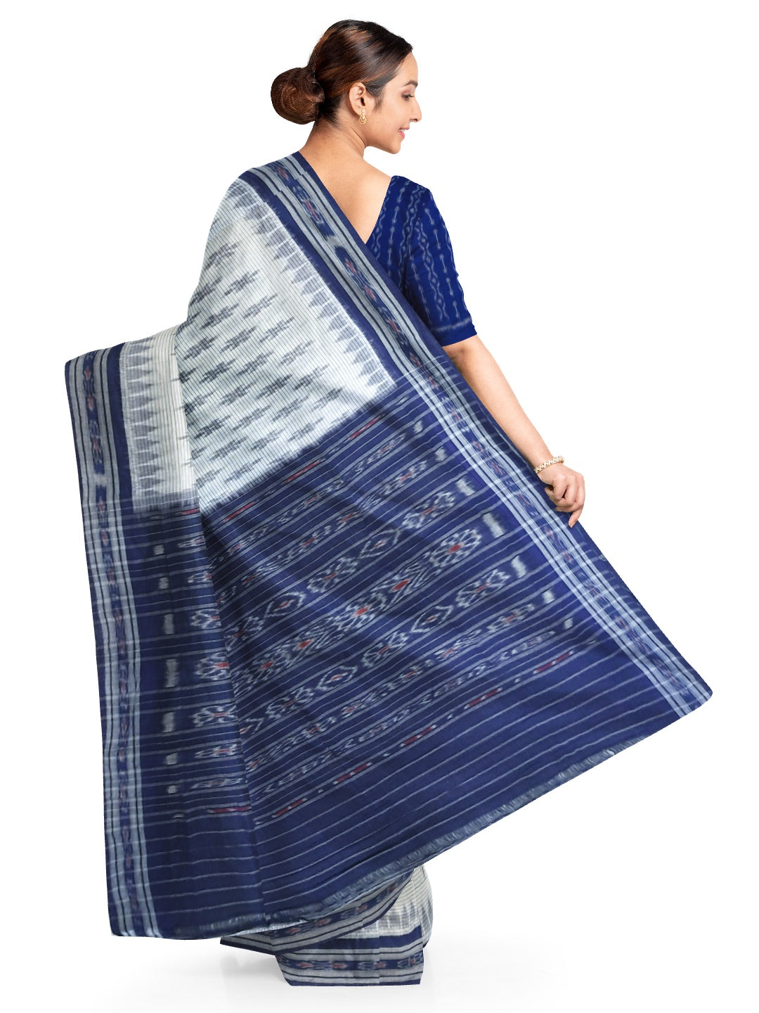 White with Blue Cotton Odisha Ikat saree with cotton ikat blouse piece