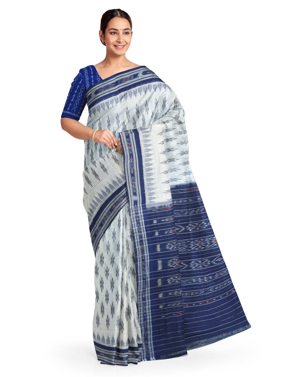 White with Blue Cotton Odisha Ikat saree with cotton ikat blouse piece