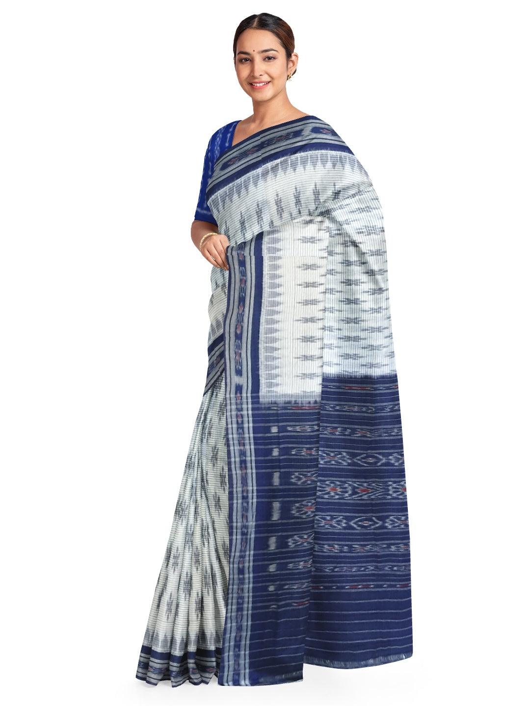 White with Blue Cotton Odisha Ikat saree with cotton ikat blouse piece