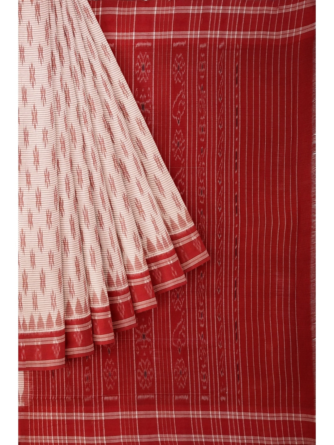 White with Red Cotton Odisha Ikat saree with cotton ikat blouse piece