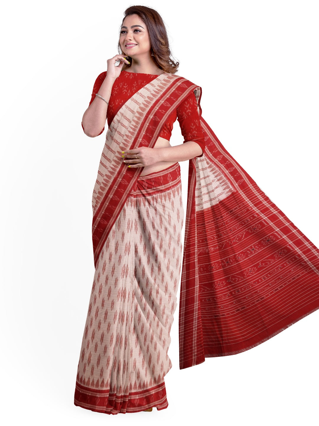 White with Red Cotton Odisha Ikat saree with cotton ikat blouse piece