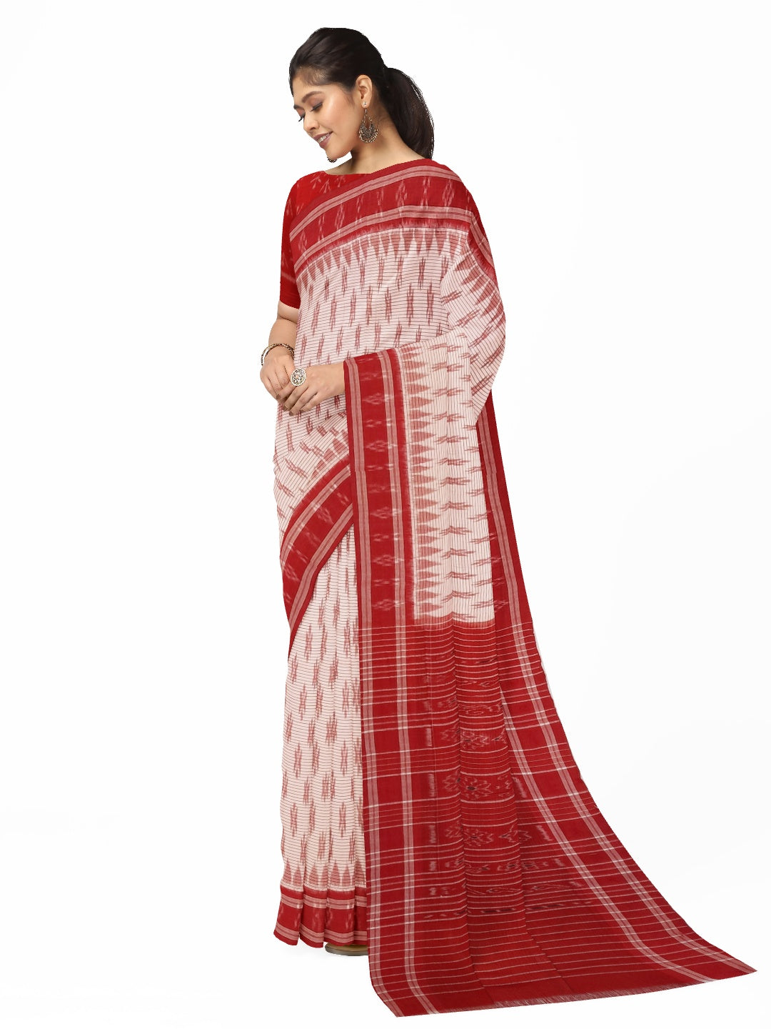 White with Red Cotton Odisha Ikat saree with cotton ikat blouse piece