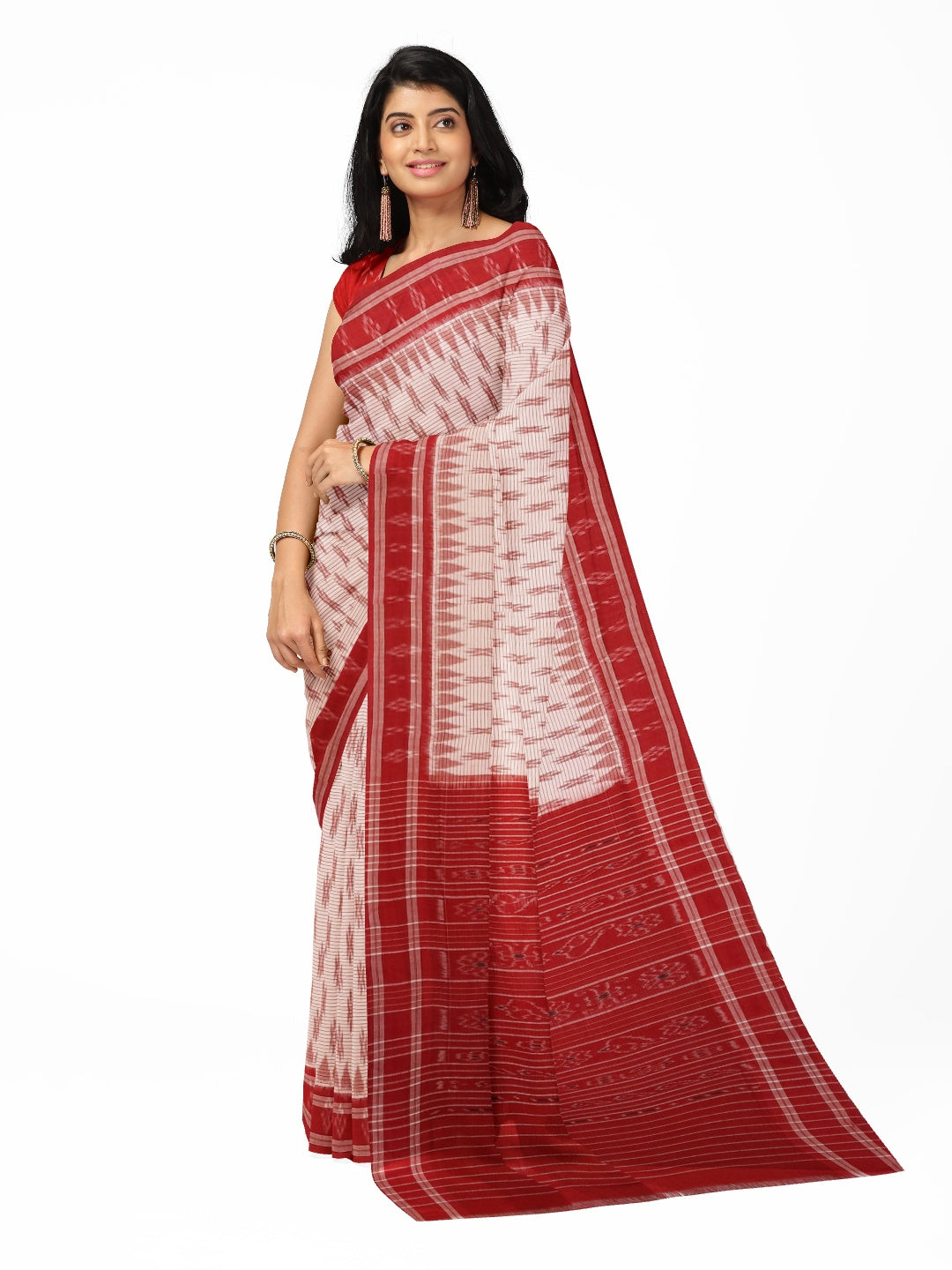 White with Red Cotton Odisha Ikat saree with cotton ikat blouse piece