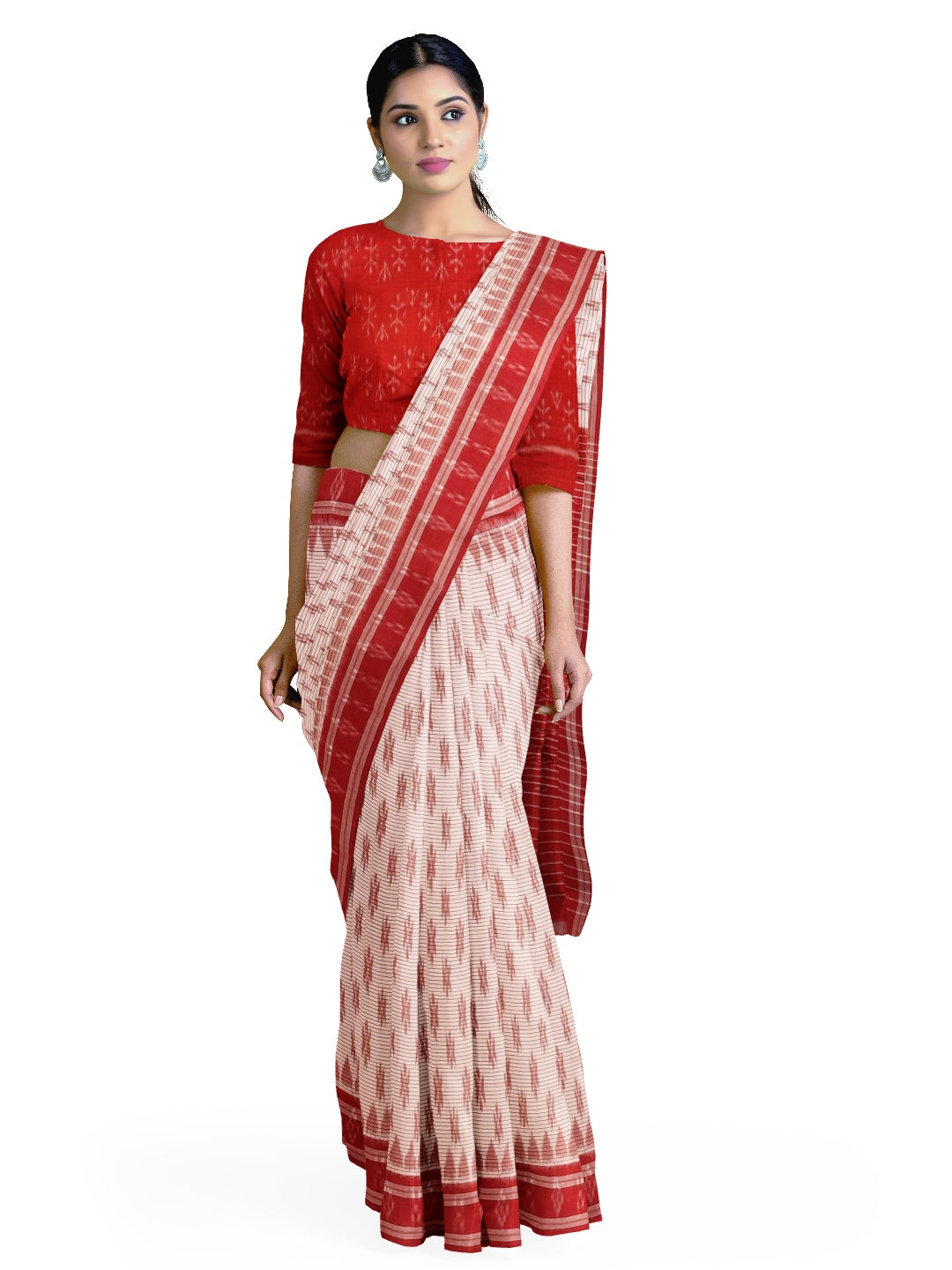 White with Red Cotton Odisha Ikat saree with cotton ikat blouse piece