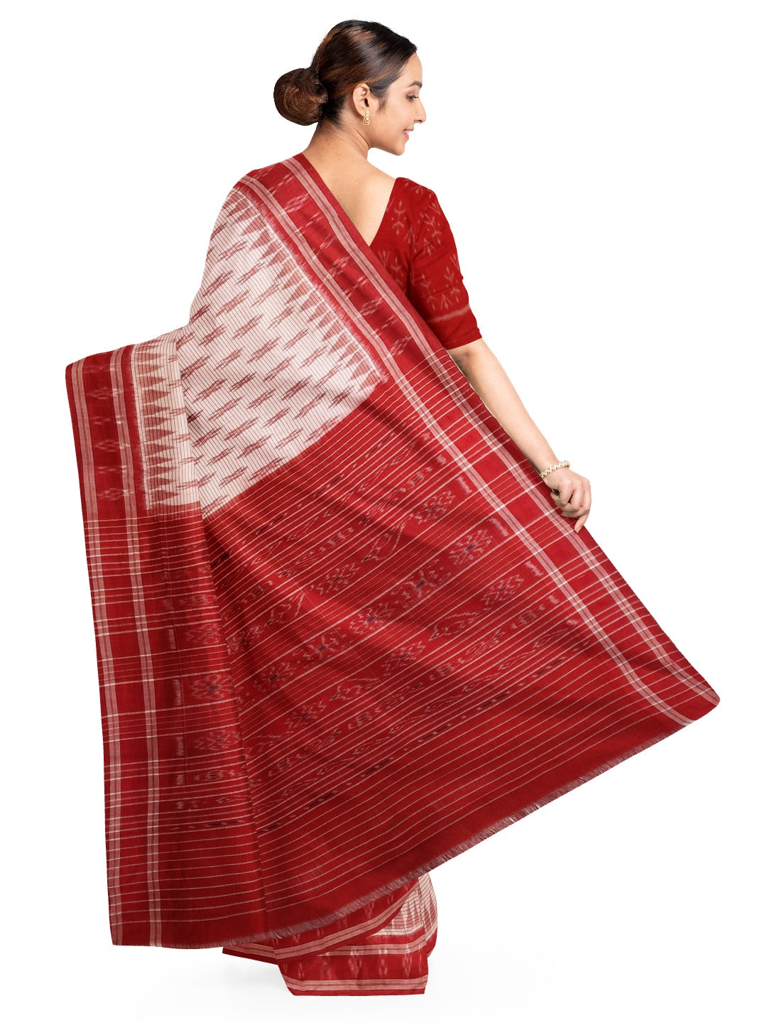 White with Red Cotton Odisha Ikat saree with cotton ikat blouse piece