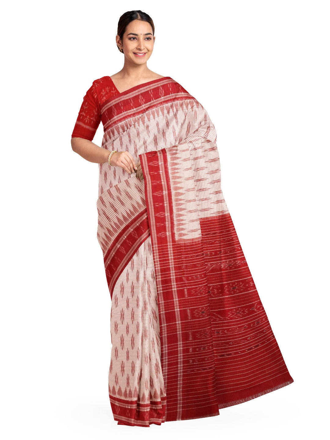 White with Red Cotton Odisha Ikat saree with cotton ikat blouse piece